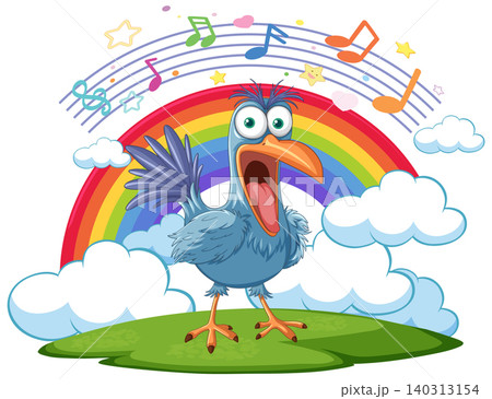 Funny Blue Cartoon Bird Singing Under a Colorful Rainbow 140313154