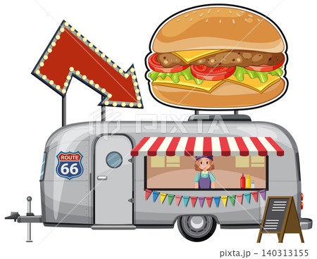 Retro Food Truck with Giant Burger Sign and Vendor Retro Food Truck with Giant Burger Sign and Vendor 140313155