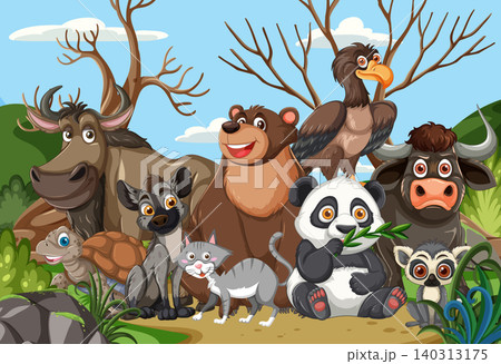 Cartoon Wild Animals Grouped in Forest Landscape Illustration Cartoon Wild Animals Grouped in Forest Landscape Illustration 140313175