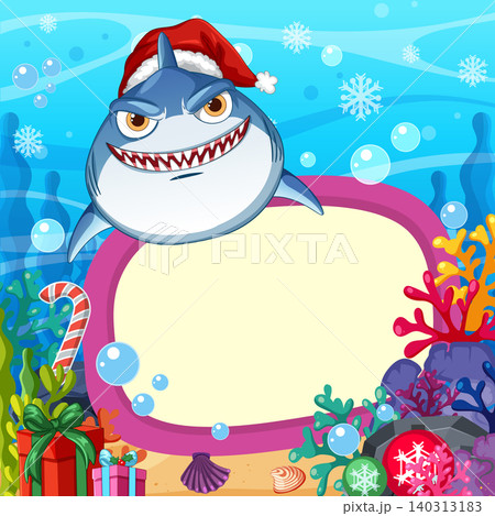 Cartoon Shark Wearing Santa Hat with Blank Underwater Christmas Frame 140313183