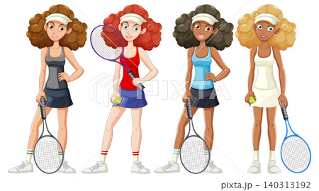 Female Tennis Players in Colorful Outfits Holding Rackets Female Tennis Players in Colorful Outfits Holding Rackets 140313192