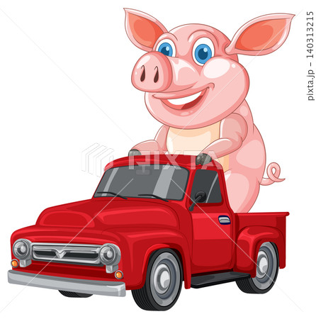 Cartoon Pig Riding in Red Pickup Truck 140313215