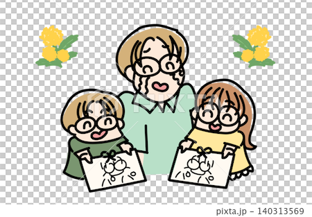 Illustration of a father snuggling with his children on Father's Day | Family bonds, mimosa, happiness imagery Illustration of a father snuggling with his children on Father's Day | Family bonds, mimosa, happiness imagery 140313569