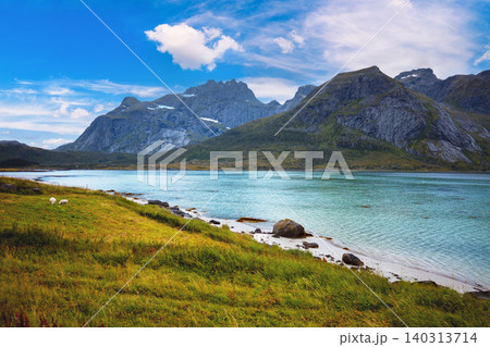 Fjord at sunset, Rocky beach in evening, Norway Fjord at sunset, Rocky beach in evening, Norway 140313714