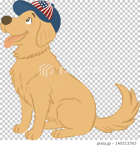 Adorable golden retriever wearing a patriotic American flag cap, celebrating Independence Day. Adorable golden retriever wearing a patriotic American flag cap, celebrating Independence Day. 140313763
