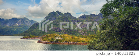 Fjord in evening in rainy day, Rocky beach. Beautiful nature of Norway. Lofoten islands 140313825