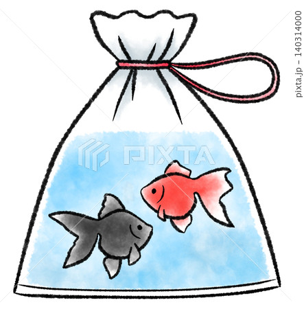 金魚すくいのビニール袋に入った赤と黒の2匹の金魚の水彩風イラスト 140314000