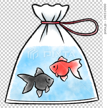 金魚すくいのビニール袋に入った赤と黒の2匹の金魚の水彩風イラスト 140314000