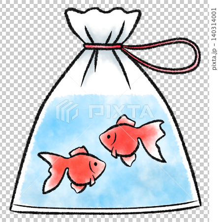 一幅水彩風格的插圖,描繪了兩個裝在塑膠袋裡的紅色金魚,這個塑膠袋是用來撈金魚的。 一幅水彩風格的插圖,描繪了兩個裝在塑膠袋裡的紅色金魚,這個塑膠袋是用來撈金魚的。 140314001