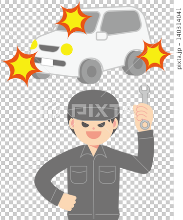 A man in work clothes holding a wrench in front of a car; he's a mechanic. 140314041