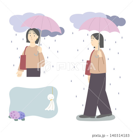 雨の中を傘をさして歩く笑顔の女性 140314183