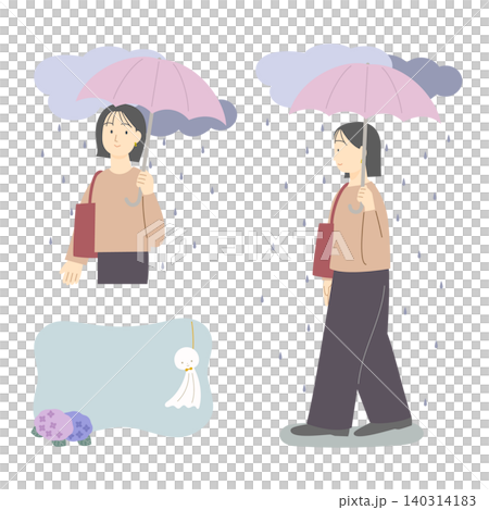 雨の中を傘をさして歩く笑顔の女性 140314183