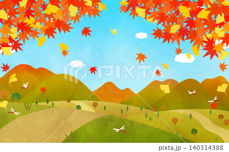 秋の紅葉と銀杏の風景のイラスト1_横 秋の紅葉と銀杏の風景のイラスト1_横 140314388