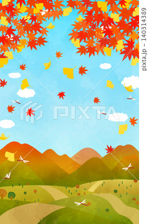 秋の紅葉と銀杏の風景のイラスト1_縦 秋の紅葉と銀杏の風景のイラスト1_縦 140314389