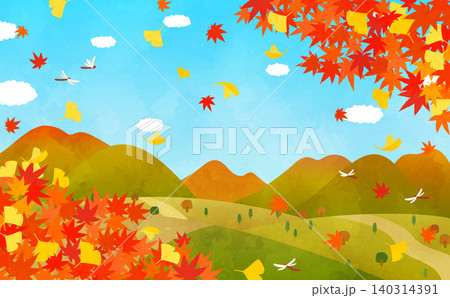秋の紅葉と銀杏の風景のイラスト2_横 140314391