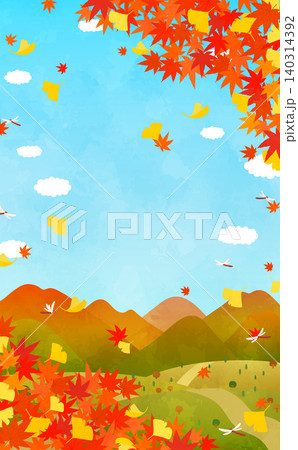 秋の紅葉と銀杏の風景のイラスト2_縦 140314392
