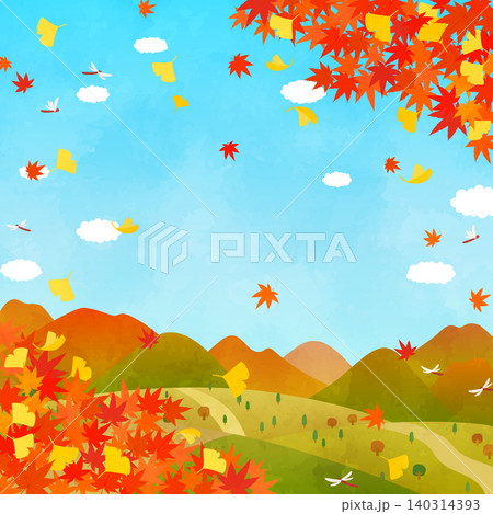 秋の紅葉と銀杏の風景のイラスト2_正方形 秋の紅葉と銀杏の風景のイラスト2_正方形 140314393