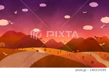 夕暮れの秋ののどかな田舎の風景イラスト_横 夕暮れの秋ののどかな田舎の風景イラスト_横 140314395