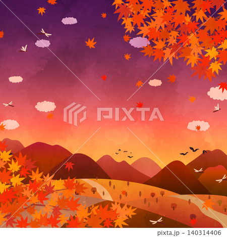 紅葉の夕暮れの風景のイラスト2_正方形 紅葉の夕暮れの風景のイラスト2_正方形 140314406