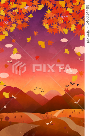 夕暮れの秋の紅葉と銀杏の風景のイラスト1_縦 夕暮れの秋の紅葉と銀杏の風景のイラスト1_縦 140314409