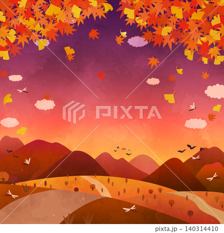 夕暮れの秋の紅葉と銀杏の風景のイラスト1_正方形 夕暮れの秋の紅葉と銀杏の風景のイラスト1_正方形 140314410