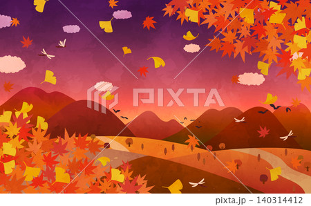 夕暮れの秋の紅葉と銀杏の風景のイラスト2_横 夕暮れの秋の紅葉と銀杏の風景のイラスト2_横 140314412
