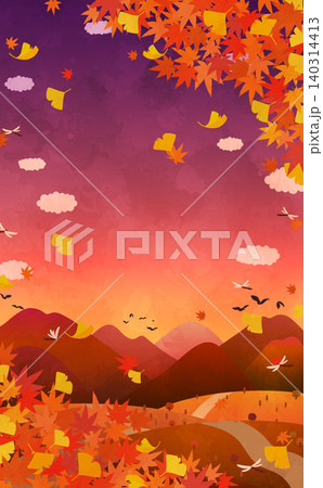 夕暮れの秋の紅葉と銀杏の風景のイラスト2_縦 140314413
