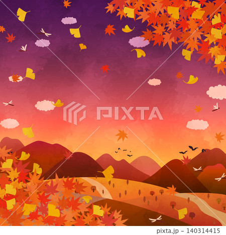 夕暮れの秋の紅葉と銀杏の風景のイラスト2_正方形 夕暮れの秋の紅葉と銀杏の風景のイラスト2_正方形 140314415