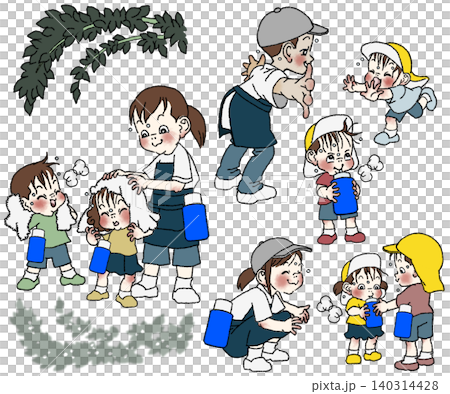 夏、暑さの中、大人と一緒に楽しく安全に遊ぶ子供達 140314428