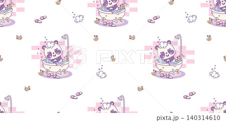 Seamless Pattern Cute Panda In Bubble Bath with Rubber Duck. Kawaii Animal Character Bear On White Background. Horizontal Vector illustration. Spa Day Routine. Kids collection. Seamless Pattern Cute Panda In Bubble Bath with Rubber Duck. Kawaii Animal Character Bear On White Background. Horizontal Vector illustration. Spa Day Routine. Kids collection. 140314610