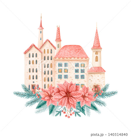 Watercolor isolated Christmas village composition with pastel houses, church, poinsettia flowers, pine branches, winter berries. 140314840