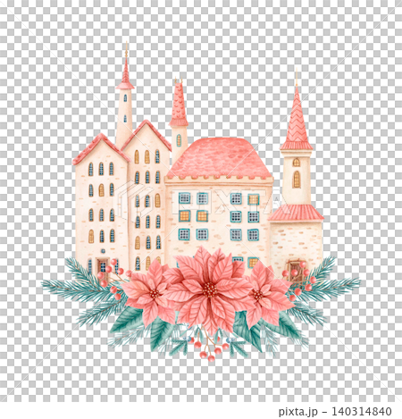 Watercolor isolated Christmas village composition with pastel houses, church, poinsettia flowers, pine branches, winter berries. 140314840