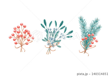Watercolor Christmas set of botanical branches with winter berries, pine sprigs and mistletoe bouquet. Isolated illustration 140314851