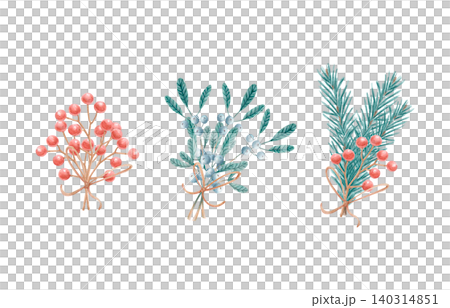 Watercolor Christmas set of botanical branches with winter berries, pine sprigs and mistletoe bouquet. Isolated illustration 140314851