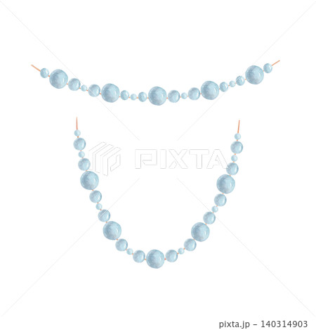 Hand drawn watercolor blue pearl garlands isolated illustration. Festive beads decoration. Holiday collection for Christmas decor Hand drawn watercolor blue pearl garlands isolated illustration. Festive beads decoration. Holiday collection for Christmas decor 140314903