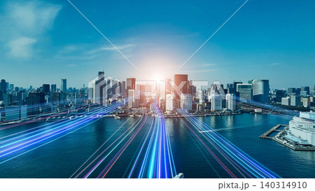現代都市を通る未来へと繋がる道 ドローン空撮 現代都市を通る未来へと繋がる道 ドローン空撮 140314910