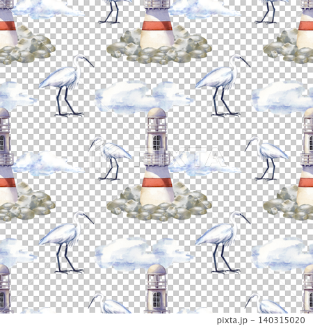 Watercolor seamless pattern with coastal lighthouses on stones, elegant white herons, and clouds on a isolated background. Beautiful marine wallpaper design perfect for nautical textile, summer fabric Watercolor seamless pattern with coastal lighthouses on stones, elegant white herons, and clouds on a isolated background. Beautiful marine wallpaper design perfect for nautical textile, summer fabric 140315020
