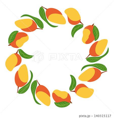 Colorful mangoes with green leaves are arranged in a circular pattern, creating a decorative border suitable for summer-themed designs and food graphics 140315117