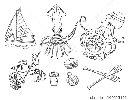 Nautical-themed black and white illustration featuring a sailboat, squid, octopus, crab, compass, and oars arranged in a playful marine design Nautical-themed black and white illustration featuring a sailboat, squid, octopus, crab, compass, and oars arranged in a playful marine design 140315131