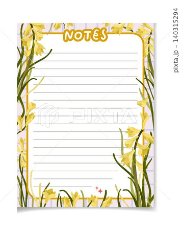 Lined notes page with yellow daffodils and floral frame for planner, journal, memo and spring writing paper. Lined notes page with yellow daffodils and floral frame for planner, journal, memo and spring writing paper. 140315294