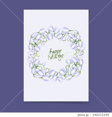 Greeting card template with delicate snowdrop wreath and hand lettering for spring holidays, invitation, branding and stationery. 140315295