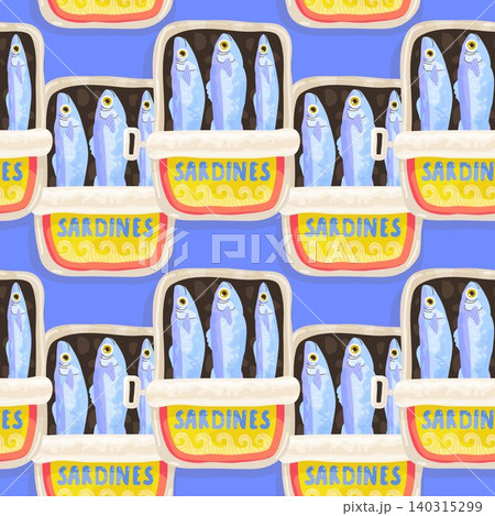 Seamless sardines pattern with open fish cans on blue background for kitchen decor, packaging, wrapping paper, seafood branding. Seamless sardines pattern with open fish cans on blue background for kitchen decor, packaging, wrapping paper, seafood branding. 140315299