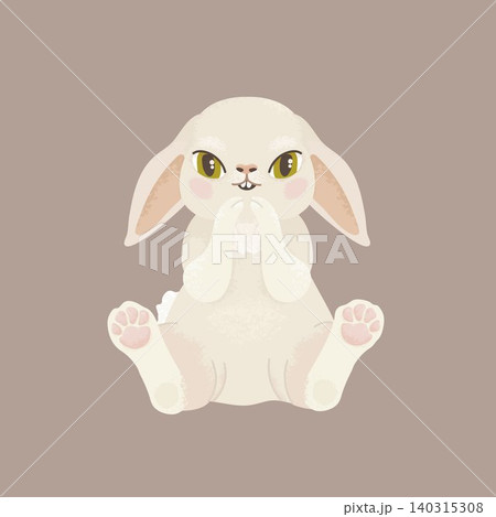 Cute sitting bunny with raised paws on beige background for Easter cards, nursery decor, stickers. Cute sitting bunny with raised paws on beige background for Easter cards, nursery decor, stickers. 140315308