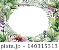 Echinacea, mint, yarrow, sage and thyme oval frame watercolor. Vintage background template with empty space for organic skincare label, beauty spa brand identity and herbal cosmetic packaging 140315313