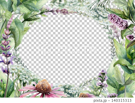 Echinacea, mint, yarrow, sage and thyme oval frame watercolor. Vintage background template with empty space for organic skincare label, beauty spa brand identity and herbal cosmetic packaging Echinacea, mint, yarrow, sage and thyme oval frame watercolor. Vintage background template with empty space for organic skincare label, beauty spa brand identity and herbal cosmetic packaging 140315313