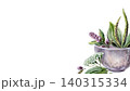 Stone mortar with plantain, mint and yarrow flowers on a corner. Watercolor medical herb banner template with copyspace for healing remedy design, pharmacy branding and herbal therapy labels 140315334