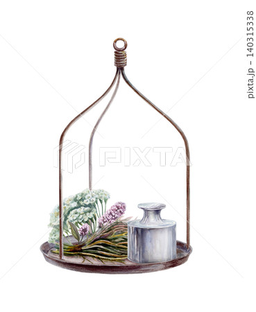 Vintage scale pan with weight, yarrow, mint and licorice root watercolor. Isolated botanical illustration for retro pharmacy logo, herbal remedy recipe book and healthy balance design 140315338