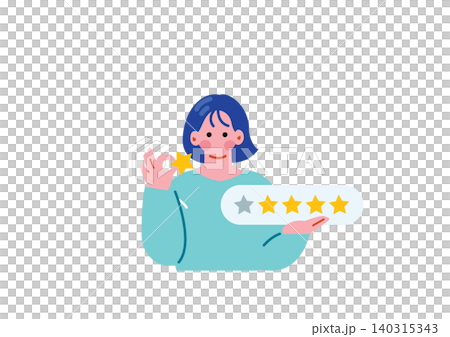 Illustration of a woman posting a review. 140315343