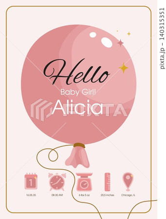 Baby girl birth announcement template with pink balloon and newborn details for nursery decor, greeting card and keepsake design. Baby girl birth announcement template with pink balloon and newborn details for nursery decor, greeting card and keepsake design. 140315351
