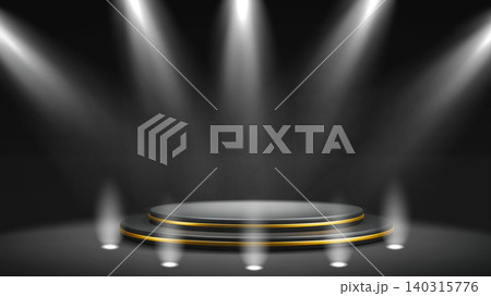 Black gold round podium stage with spotlight beams 140315776